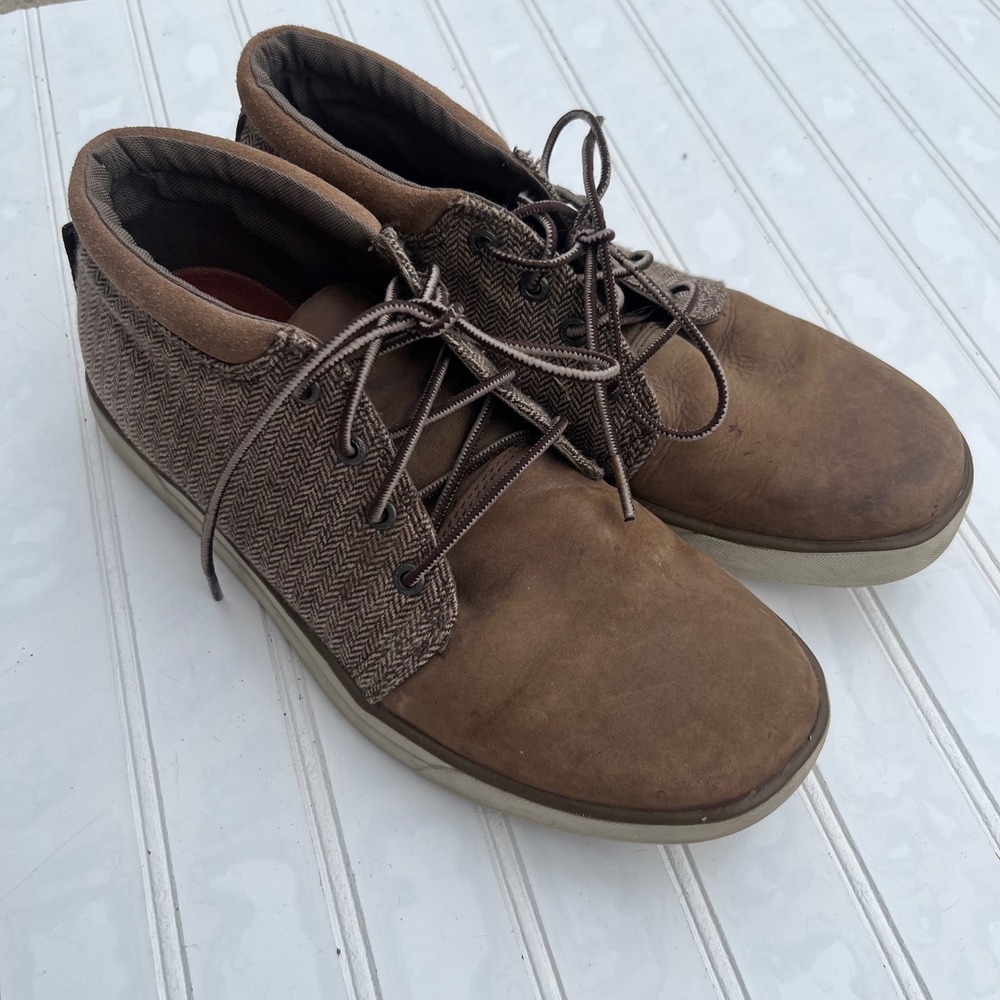 Eddie Bauer Mens 9.5 Brown Leather Herringbone Mid Top Sneakers 0333-266